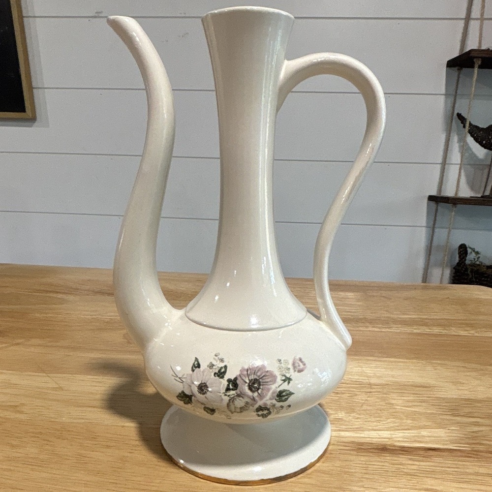 Jewell White Pink Green Glossy Ceramic Floral Coffee Pot 1 qt 10 in Handle